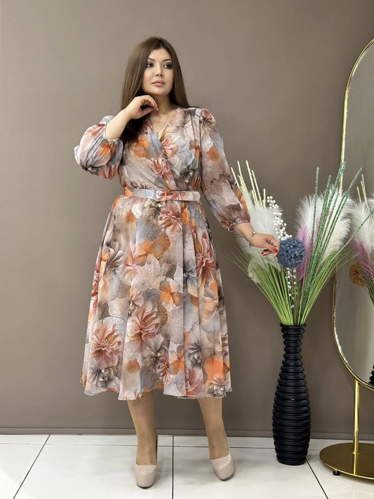 Plus Size Floral Print Wrap Dress with Belt & Bishop Sleeves