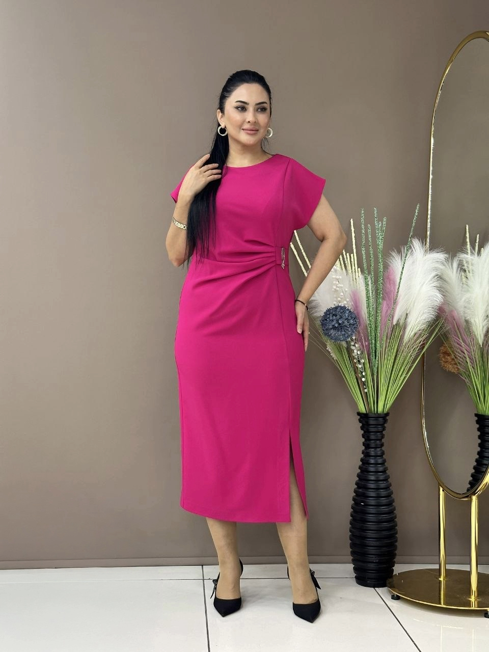 Bodycon Midi Dress with Draped Waist Detail