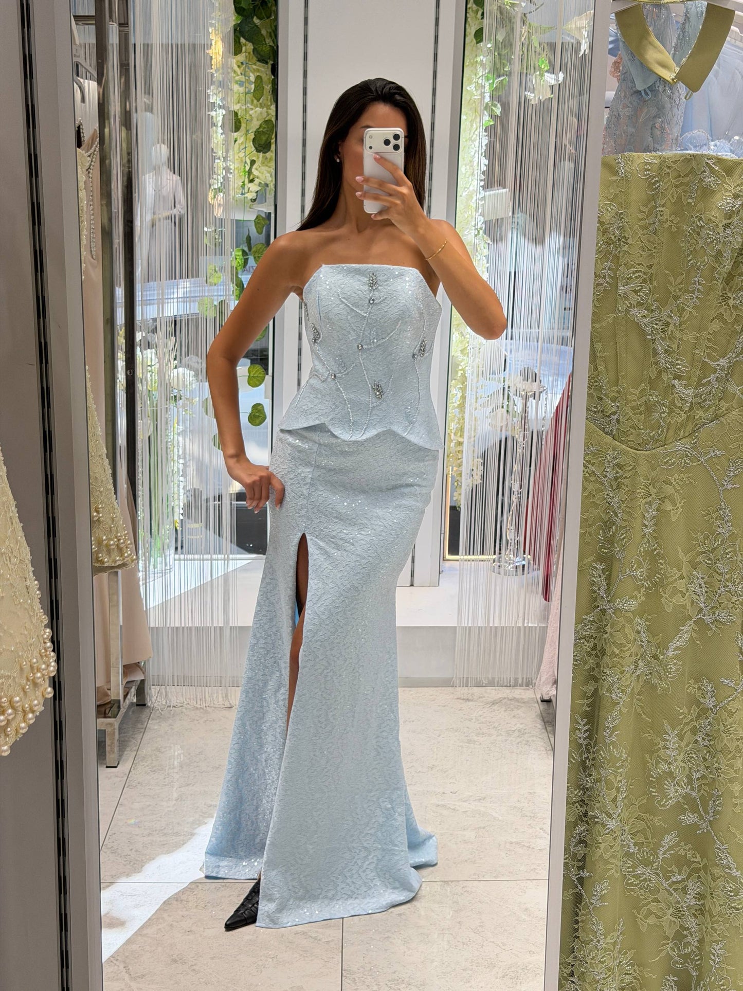 Strapless Ice Blue Mermaid Evening Gown with Embellished Corset RH