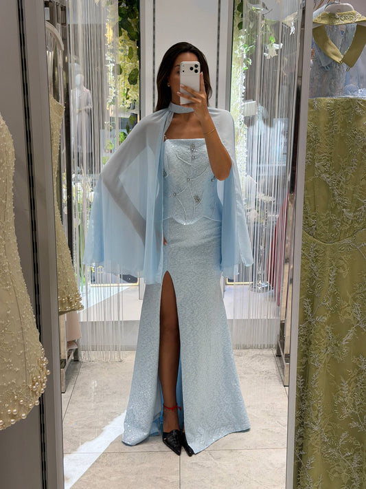 Strapless Ice Blue Mermaid Evening Gown with Embellished Corset RH