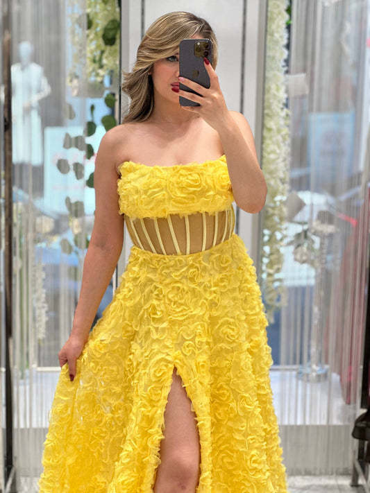 Yellow Floral Strapless Ball Gown with Corset Bodice