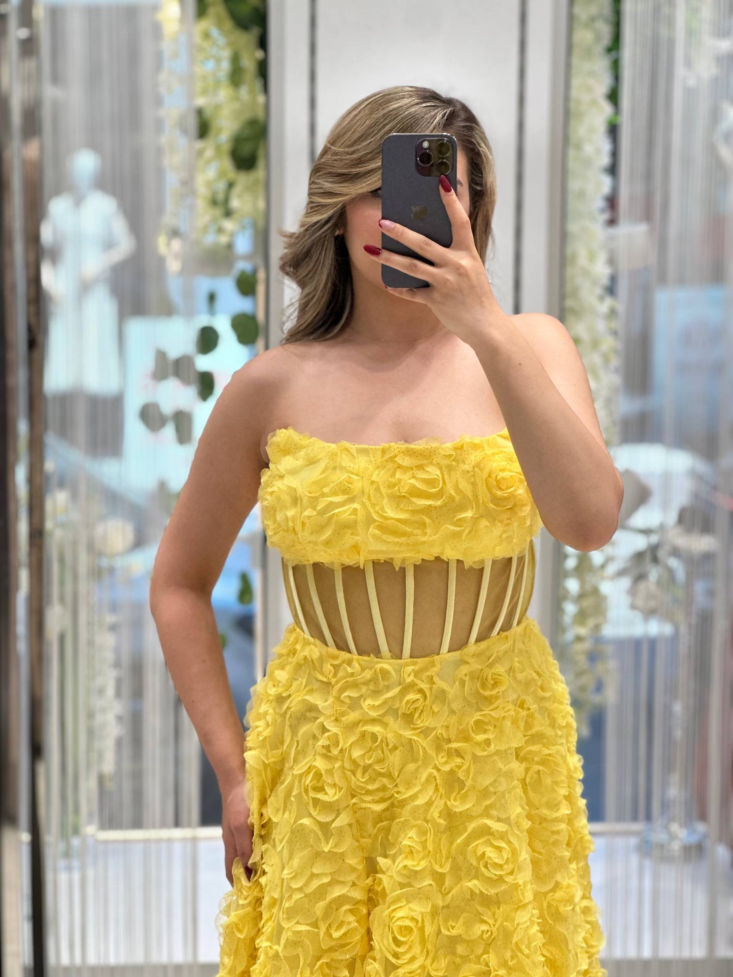 Yellow Floral Strapless Ball Gown with Corset Bodice