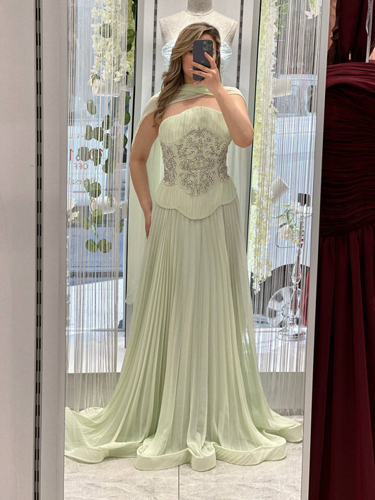 Pleated Strapless Evening Gown with Embellished Corset & Chiffon Shawl RH