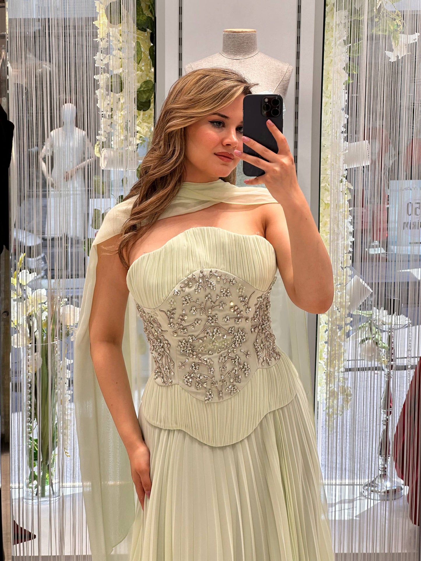 Pleated Strapless Evening Gown with Embellished Corset & Chiffon Shawl RH