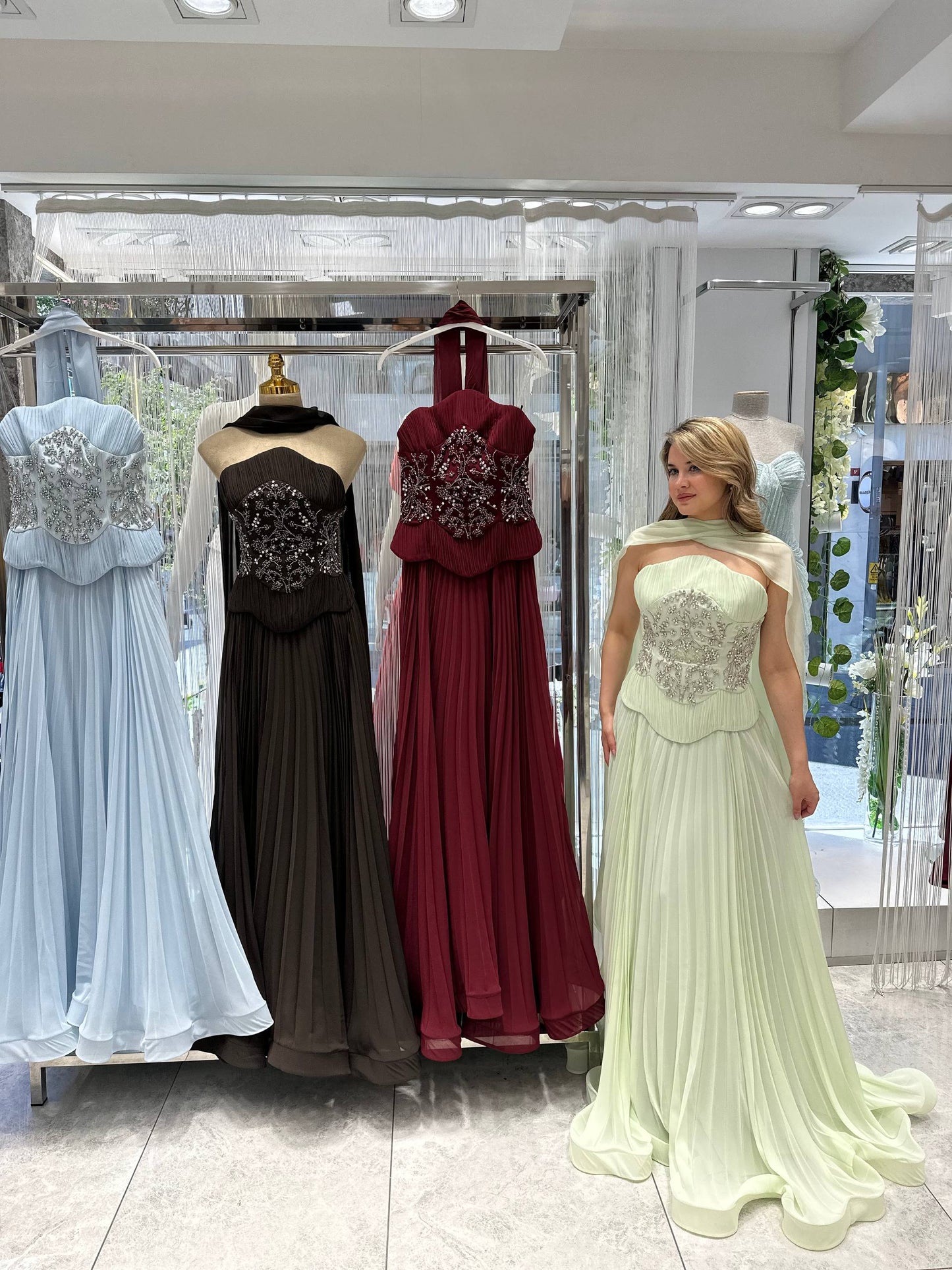 Pleated Strapless Evening Gown with Embellished Corset & Chiffon Shawl RH