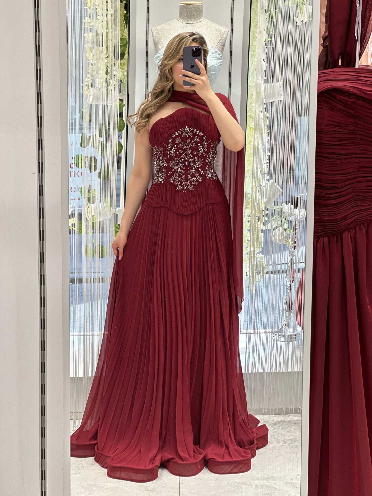 Pleated Strapless Evening Gown with Embellished Corset & Chiffon Shawl RH