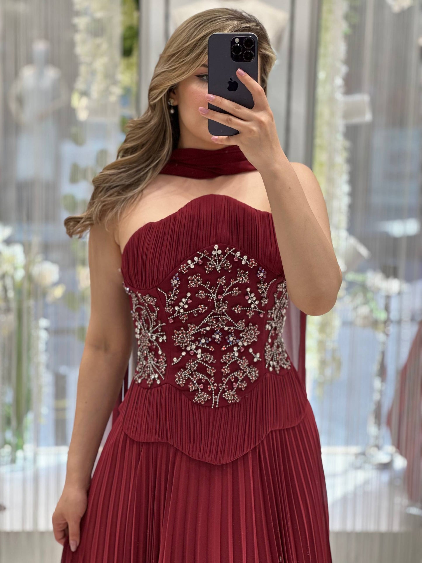 Pleated Strapless Evening Gown with Embellished Corset & Chiffon Shawl RH
