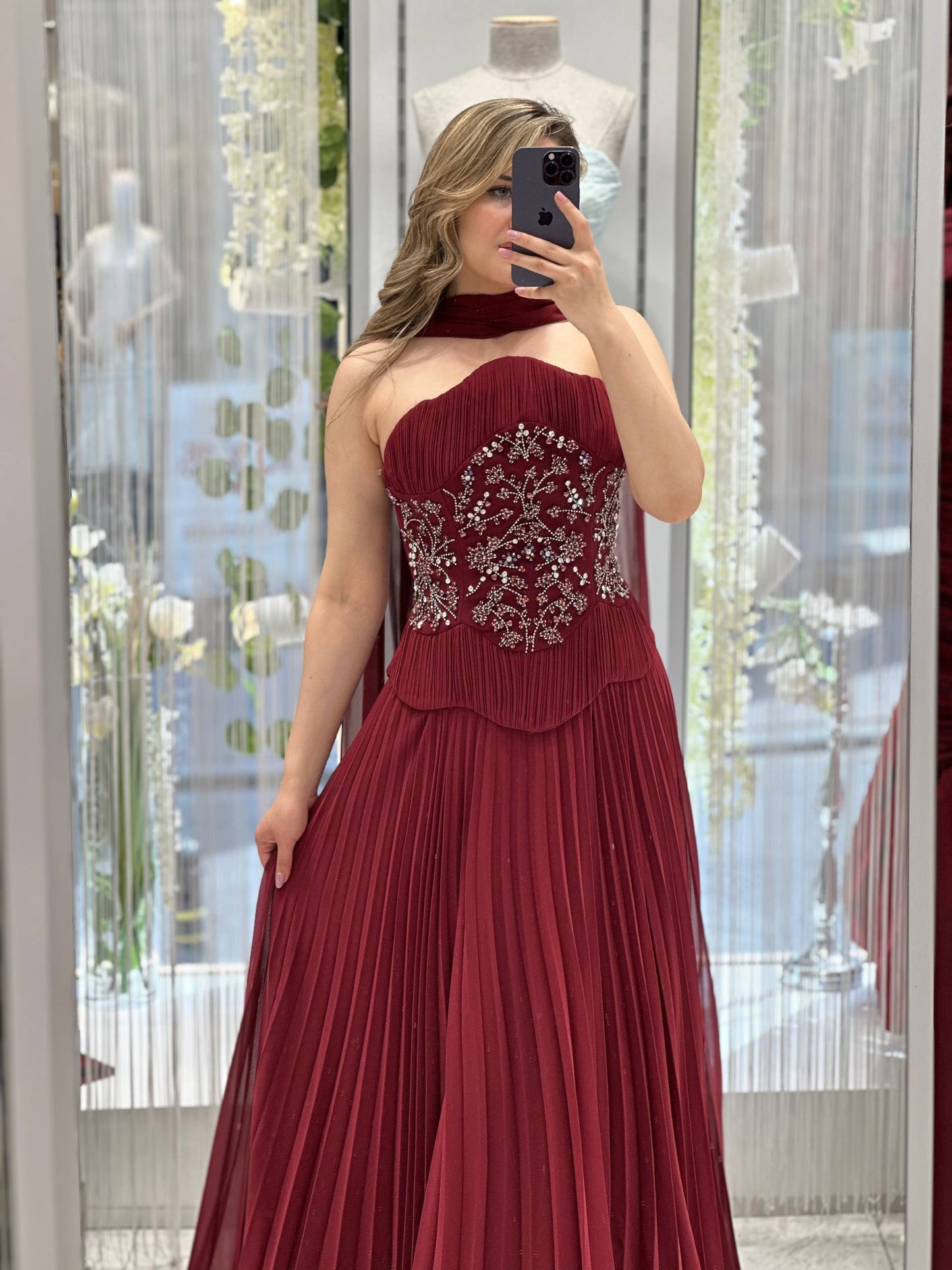 Pleated Strapless Evening Gown with Embellished Corset & Chiffon Shawl RH