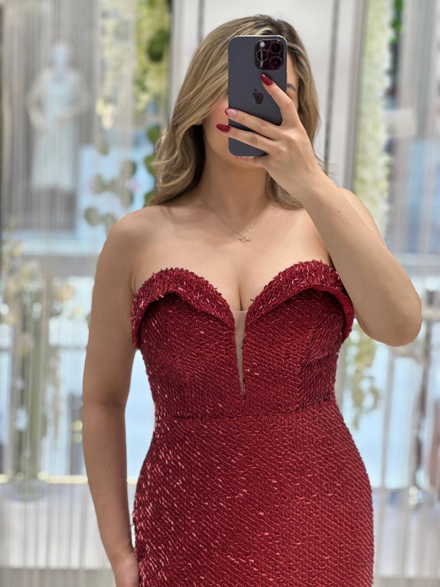 Burgundy Strapless Beaded Evening Gown RH