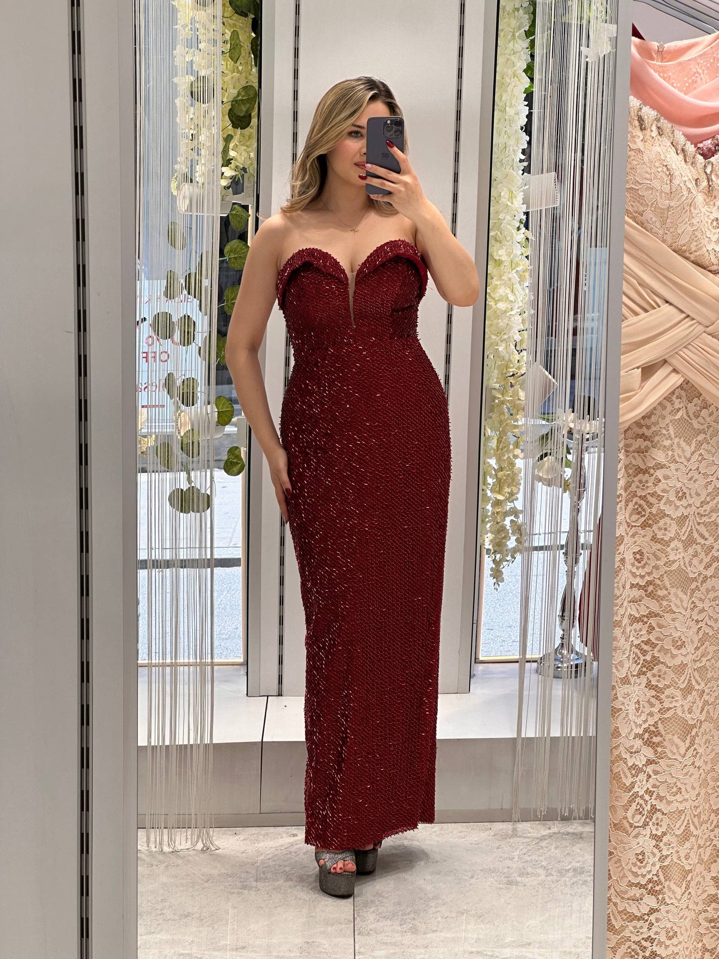 Burgundy Strapless Beaded Evening Gown RH