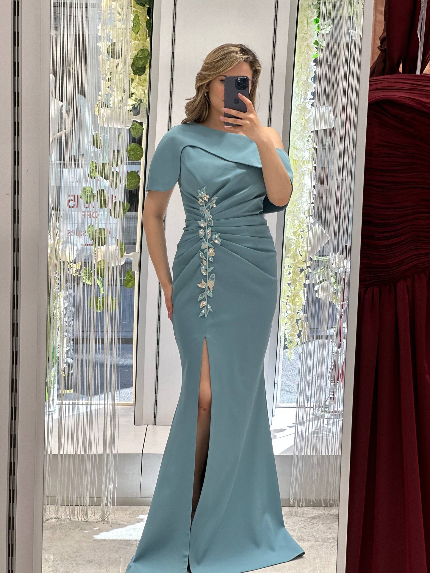 Dusty Blue One-Shoulder Mermaid Evening Gown with Floral Appliqué RH