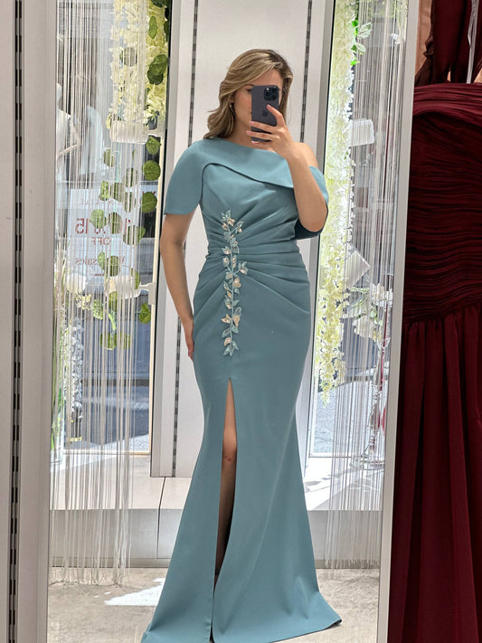 Dusty Blue One-Shoulder Mermaid Evening Gown with Floral Appliqué RH
