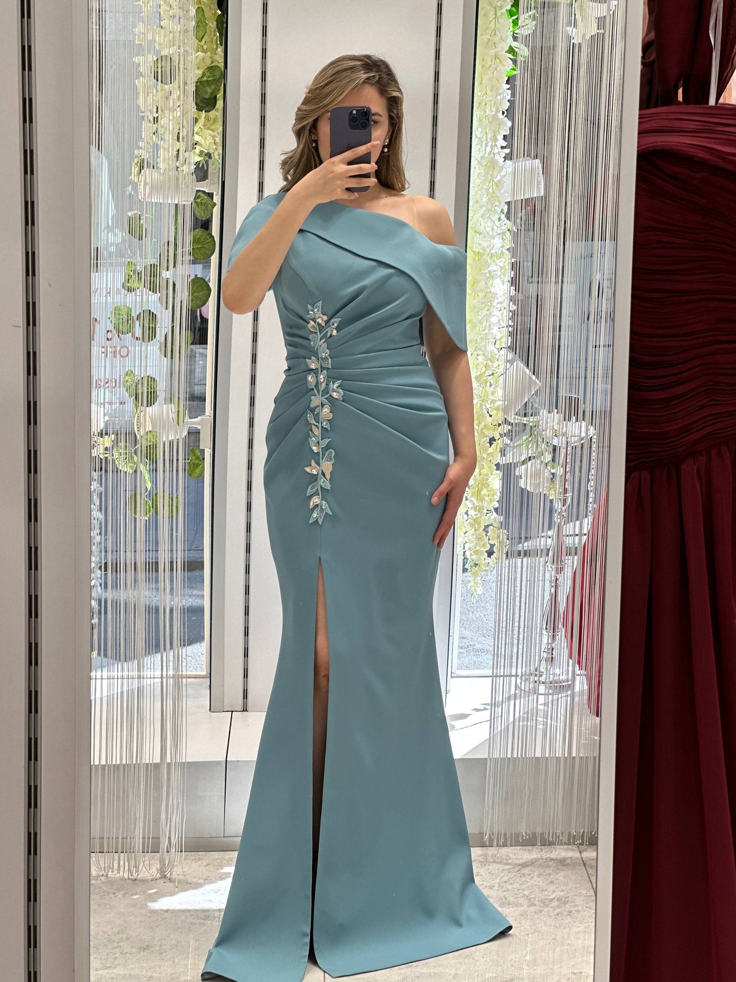 Dusty Blue One-Shoulder Mermaid Evening Gown with Floral Appliqué RH