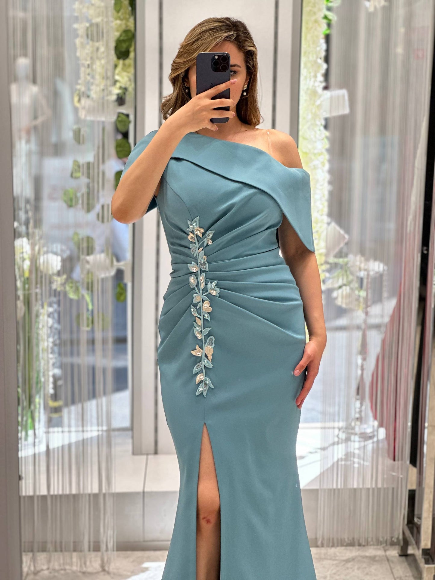Dusty Blue One-Shoulder Mermaid Evening Gown with Floral Appliqué RH