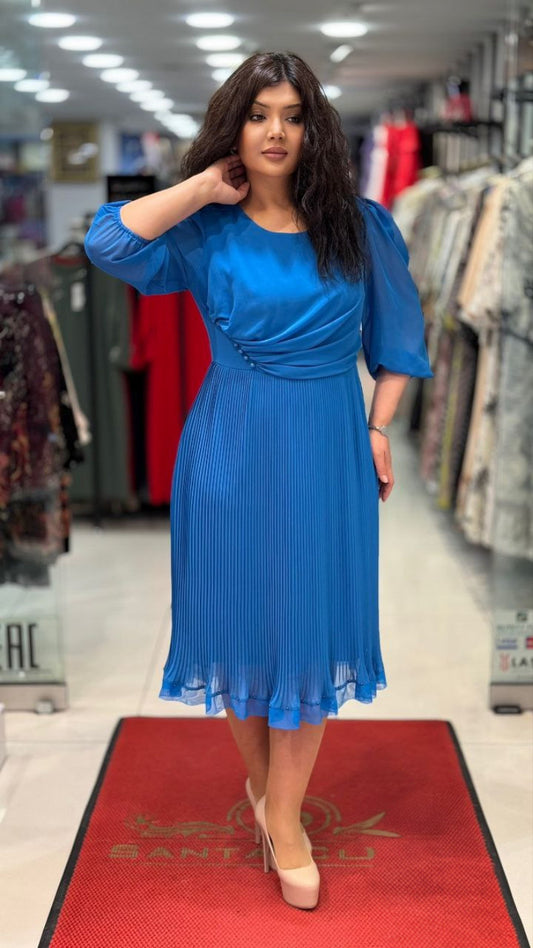 Blue Pleated Knee Dress – Classic & Trendy Style