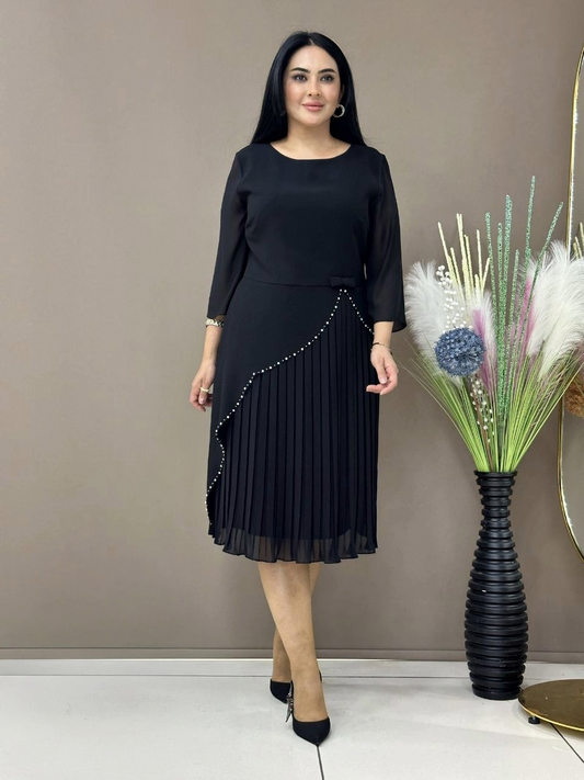Pleated Midi Occasion Dress with Pearl Trim