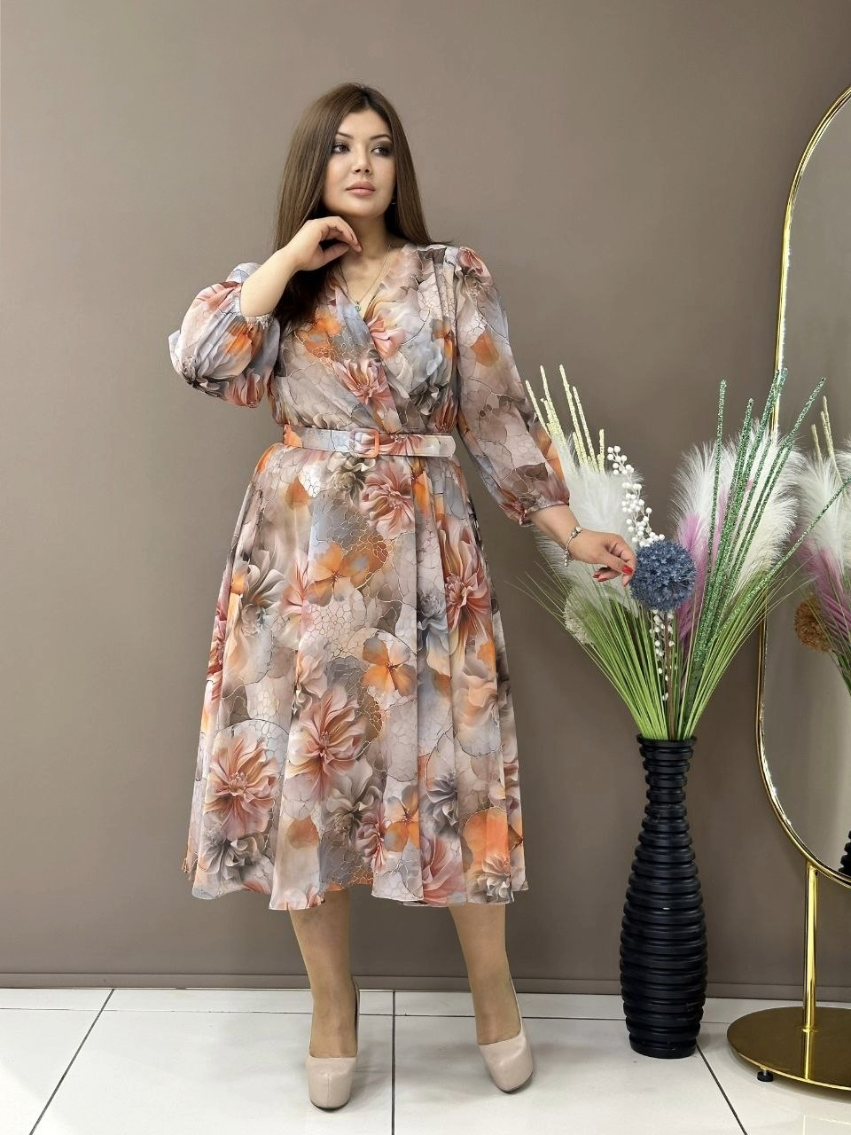 Plus Size Floral Print Wrap Dress with Belt & Bishop Sleeves
