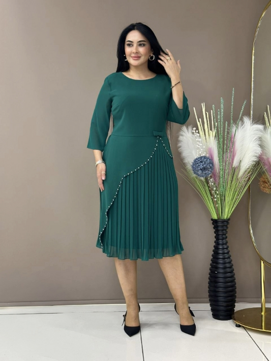 Pleated Midi Occasion Dress with Pearl Trim