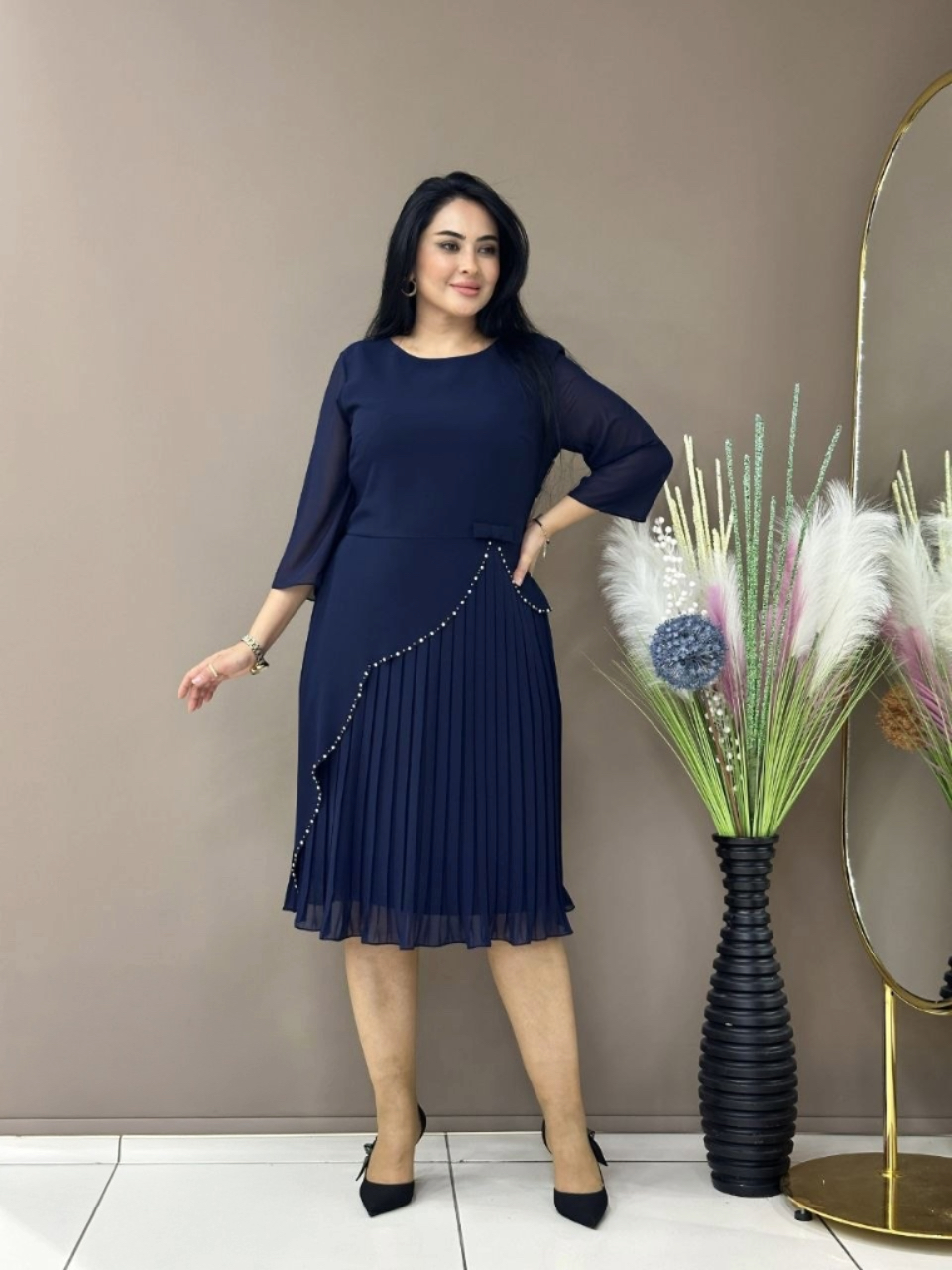 Pleated Midi Occasion Dress with Pearl Trim