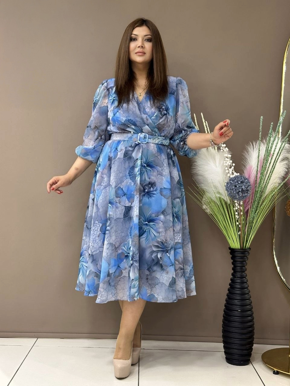 Plus Size Floral Print Wrap Dress with Belt & Bishop Sleeves