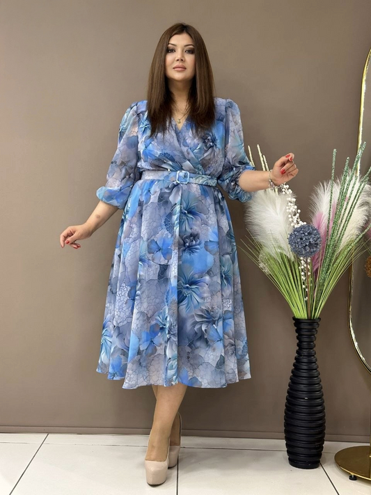 Plus Size Floral Print Wrap Dress with Belt & Bishop Sleeves