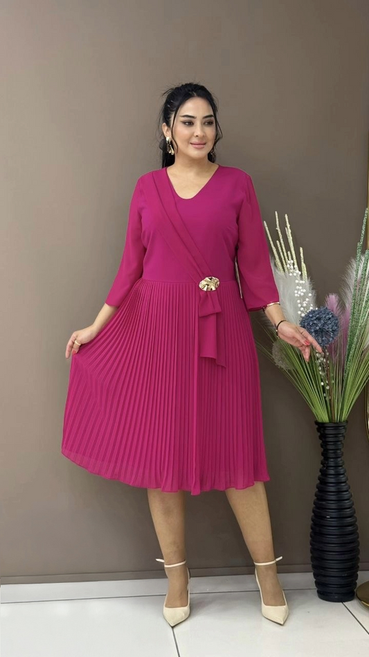 Pleated Wrap Dress Plus Size Buckle Midi