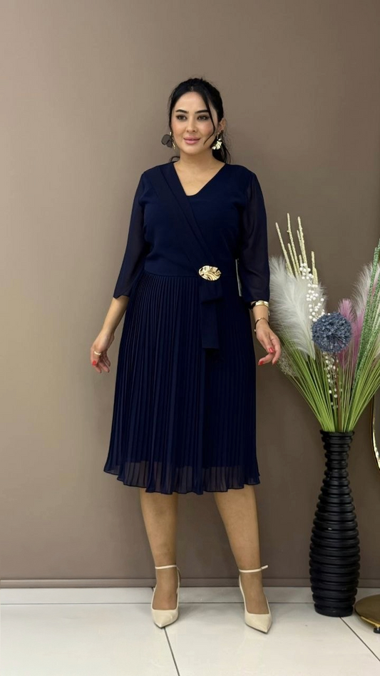 Pleated Wrap Dress Plus Size Buckle Midi
