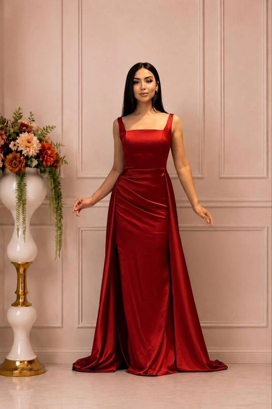 Satin Corset Gown | Square Neck Slit Maxi Dress