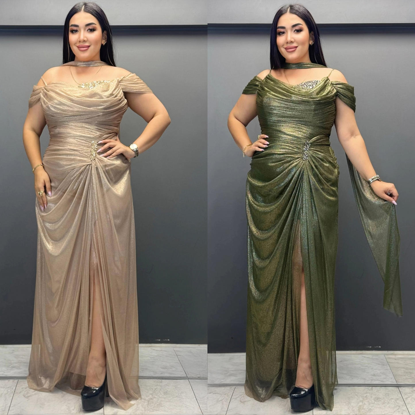 Draped Slit Gown | Plus Size Shimmer Maxi PF