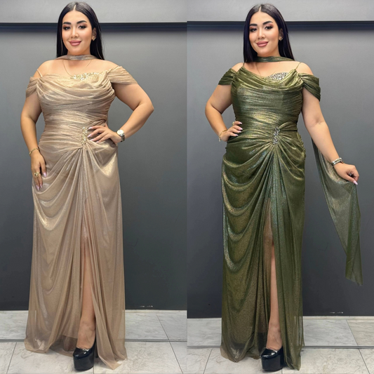 Draped Slit Gown | Plus Size Shimmer Maxi PF