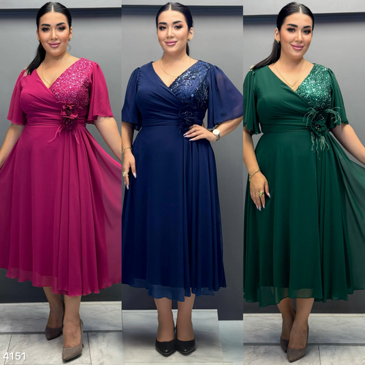 Sequin Wrap Midi Dress | Plus Size Floral Waist Detail PF