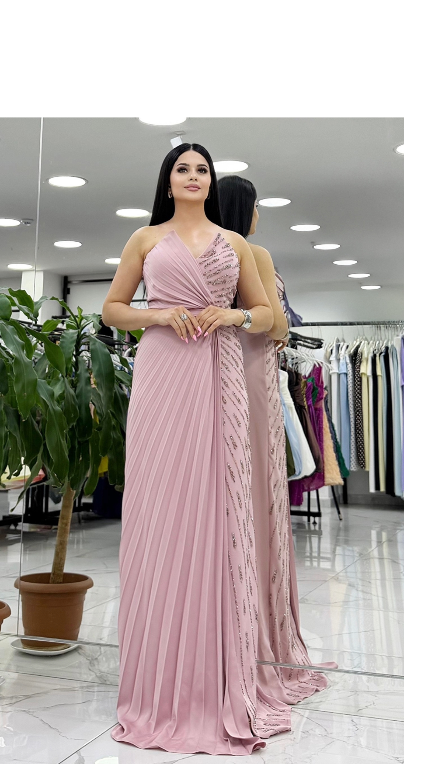 Half-Beaded Evening Gown with Pleated Drape & Leg Slit SGI