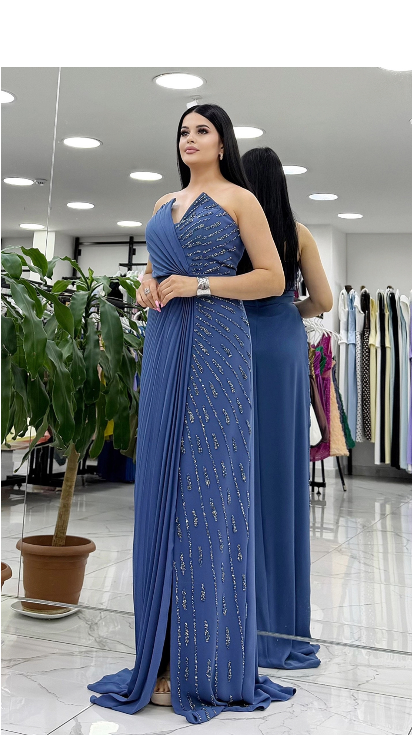 Half-Beaded Evening Gown with Pleated Drape & Leg Slit SGI