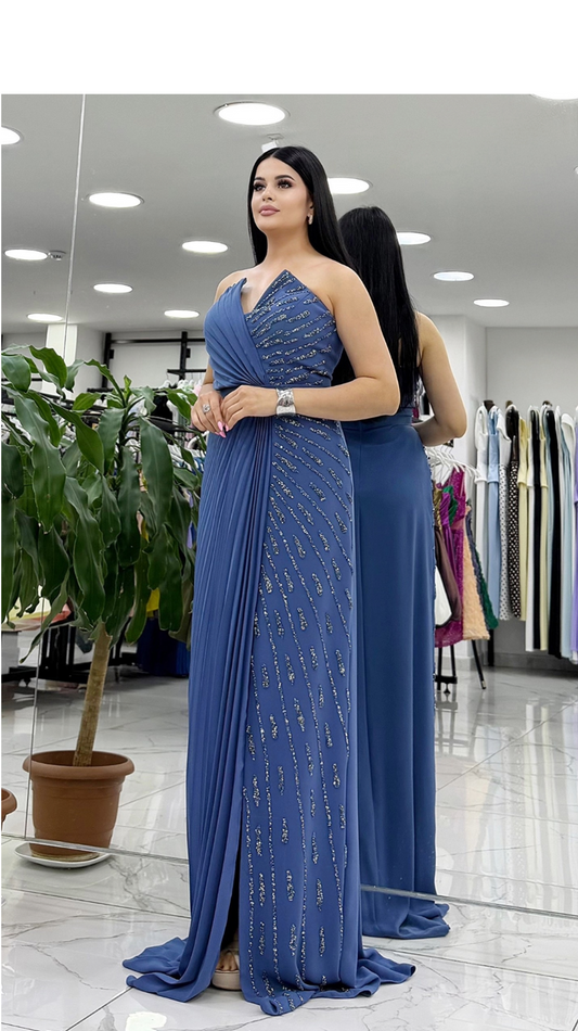 Half-Beaded Evening Gown with Pleated Drape & Leg Slit SGI
