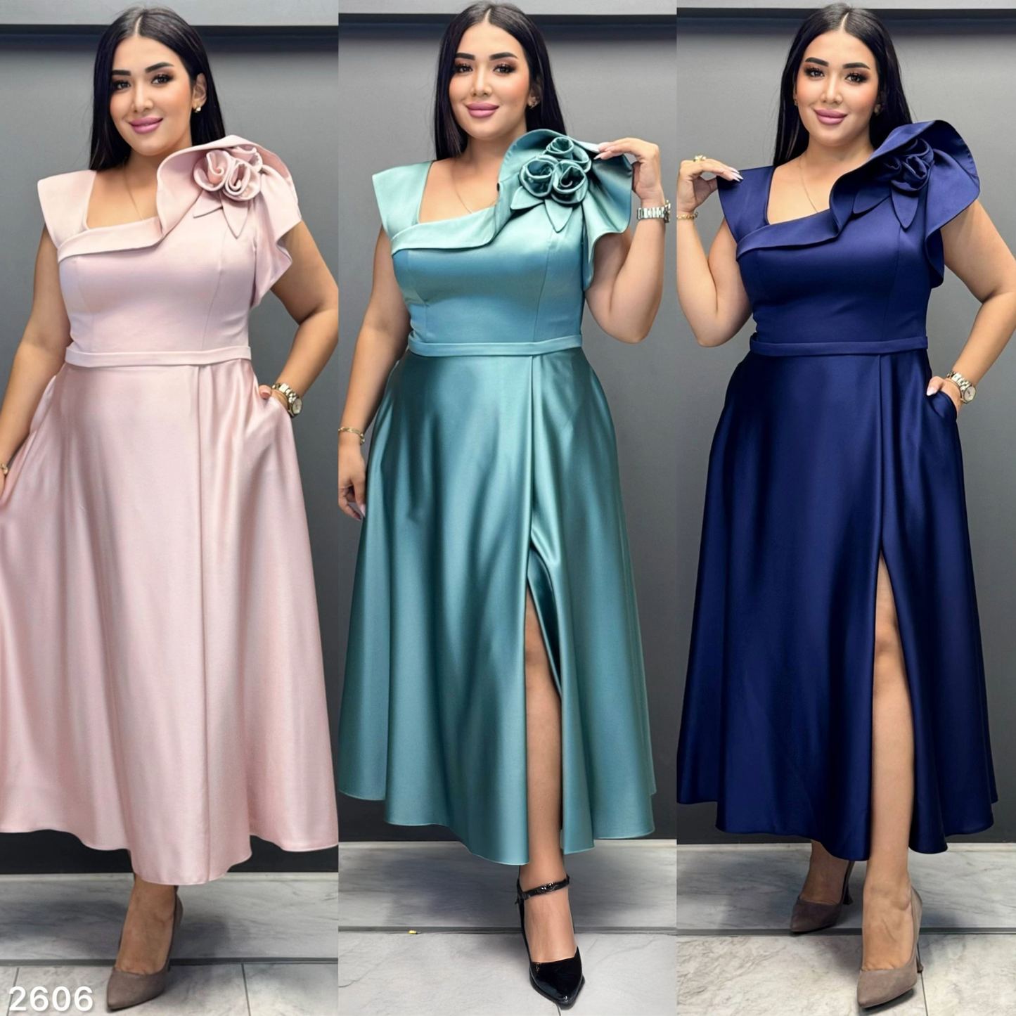 Satin Rosette Slit Dress | Plus Size Statement Sleeve PF