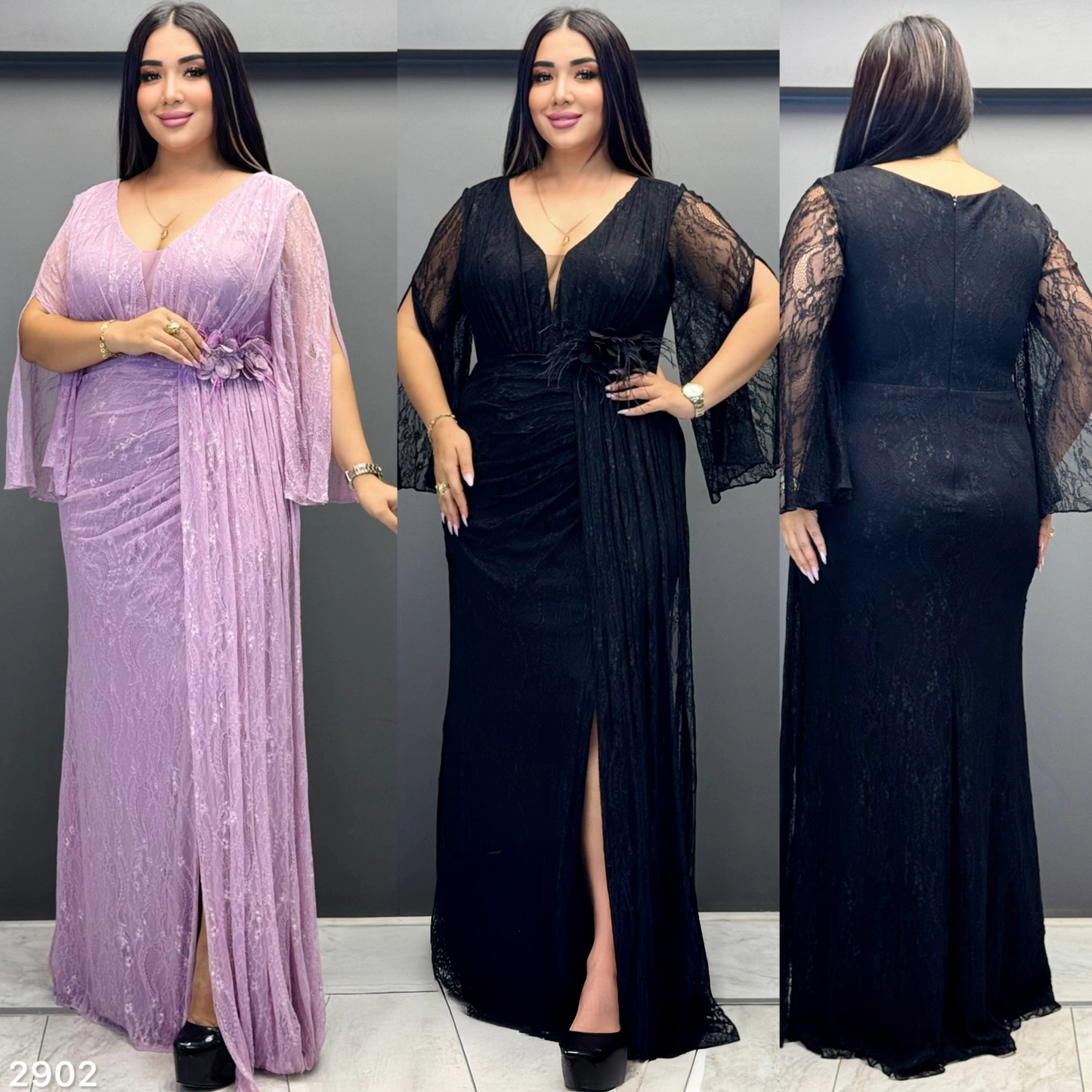 Lace Ruched Slit Gown | Plus Size V-Neck Maxi Dress PF