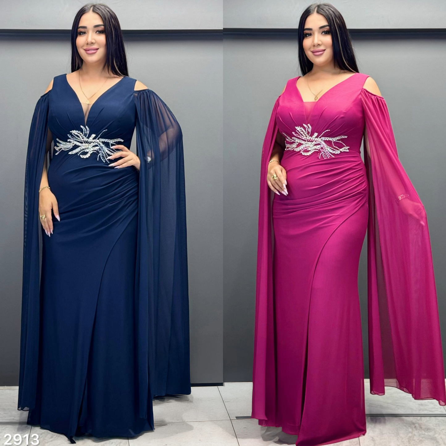 Cape Sleeve Beaded Gown | Plus Size V-Neck Maxi Dress PF