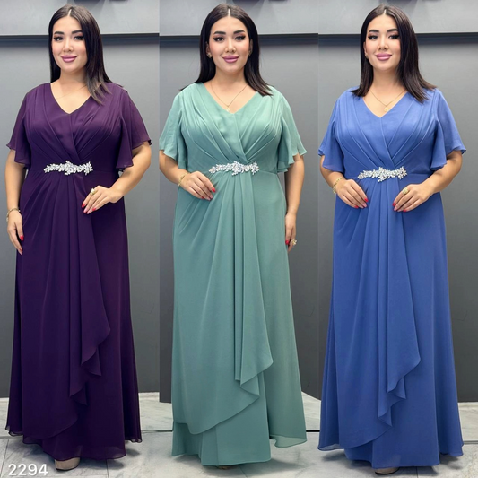 Chiffon Wrap Maxi Dress | Plus Size Crystal Waist Gown