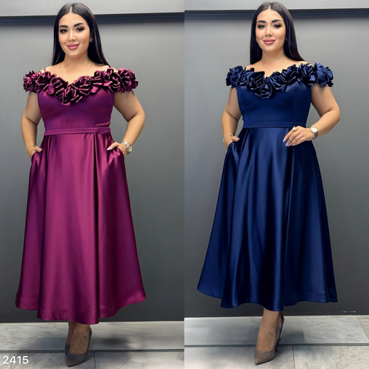 Satin Rosette Midi Dress | Plus Size Off-Shoulder Gown PF
