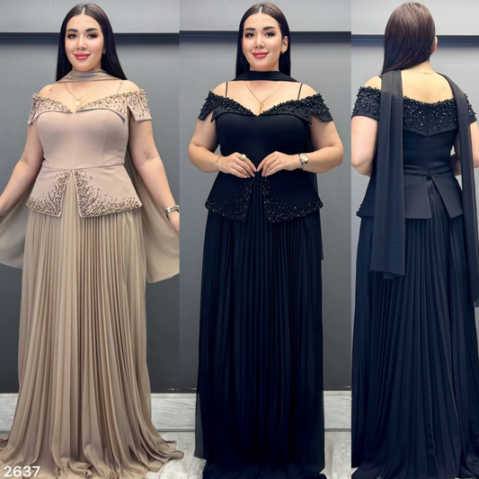 Beaded Peplum Gown | Plus Size Draped Neck Pleated Maxi PF