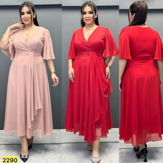 Wrap Midi Dress | Plus Size Beaded Waist Flutter Sleeve PF