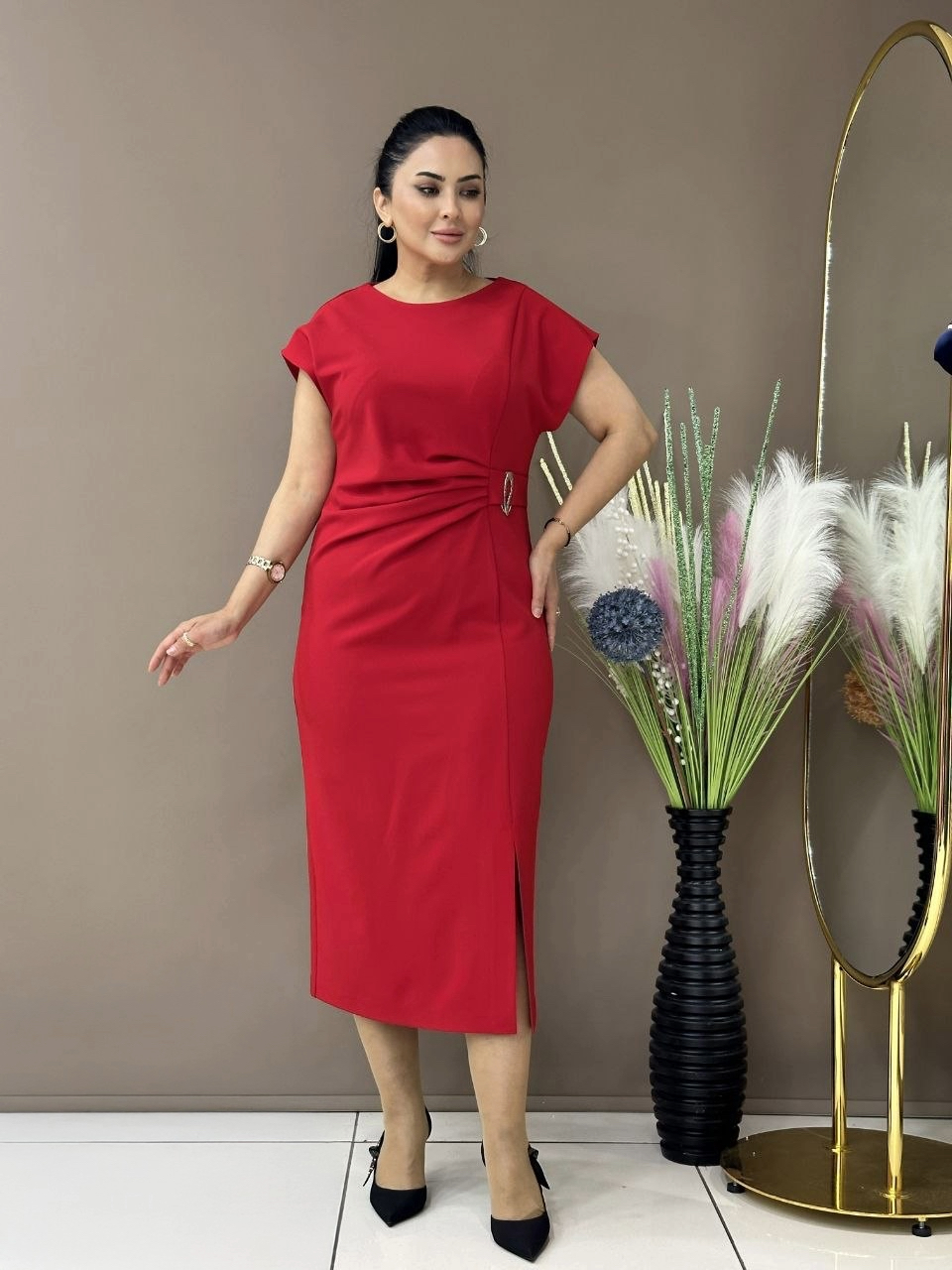 Bodycon Midi Dress with Draped Waist Detail