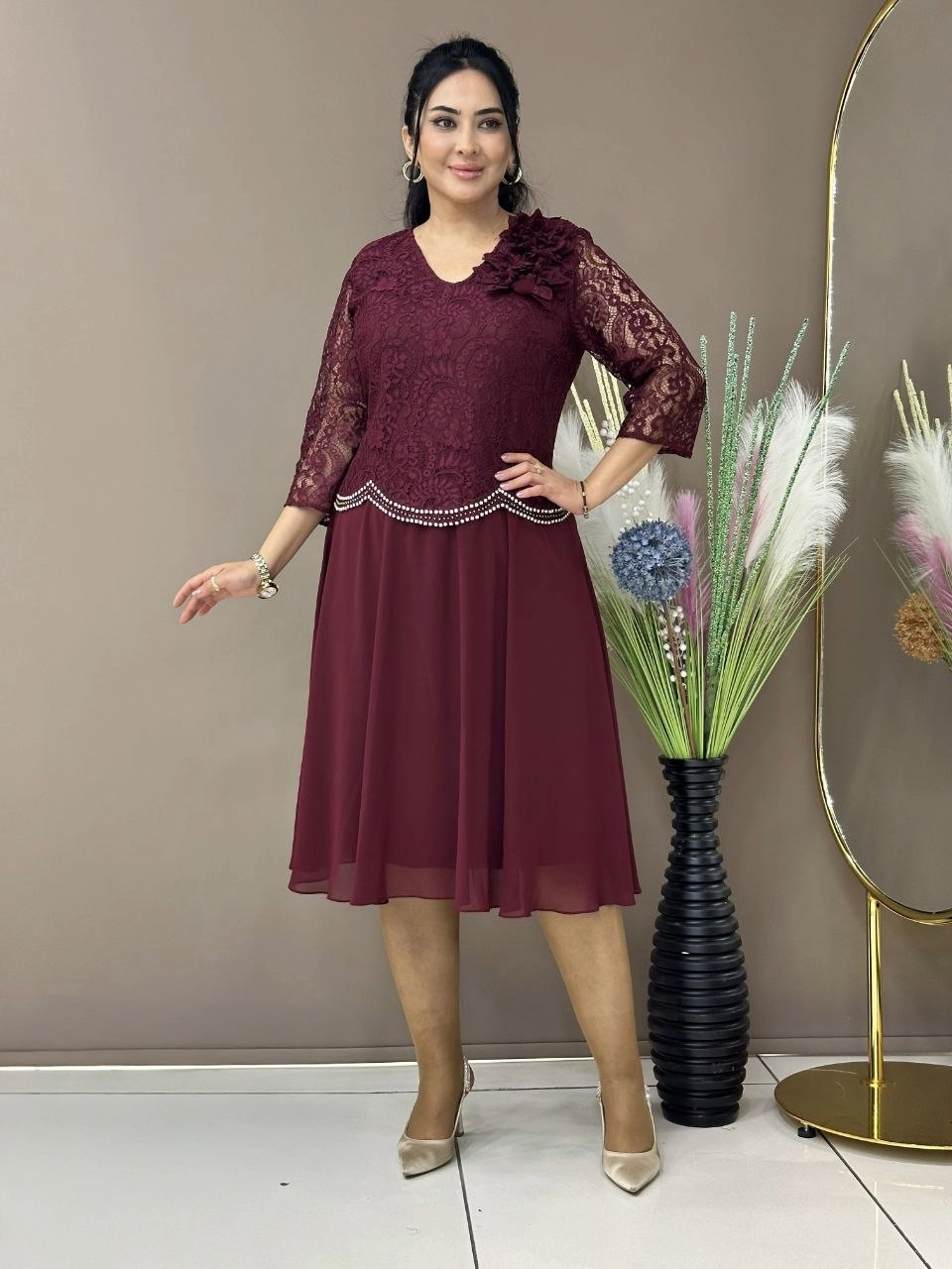Plus Size Burgundy Lace Dress with Pearl Trim
