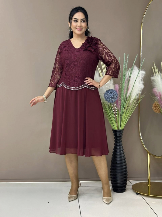Plus Size Burgundy Lace Dress with Pearl Trim