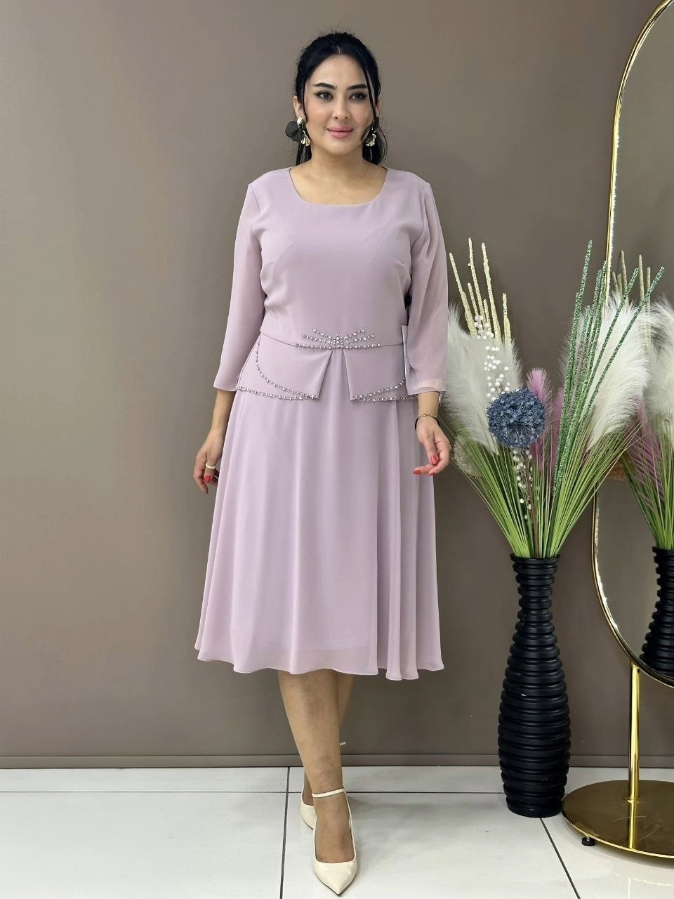 Plus Size Dress with Pearl Waist Detail & Bishop Sleeves