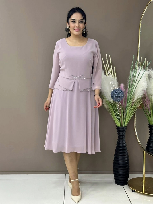 Plus Size Dress with Pearl Waist Detail & Bishop Sleeves