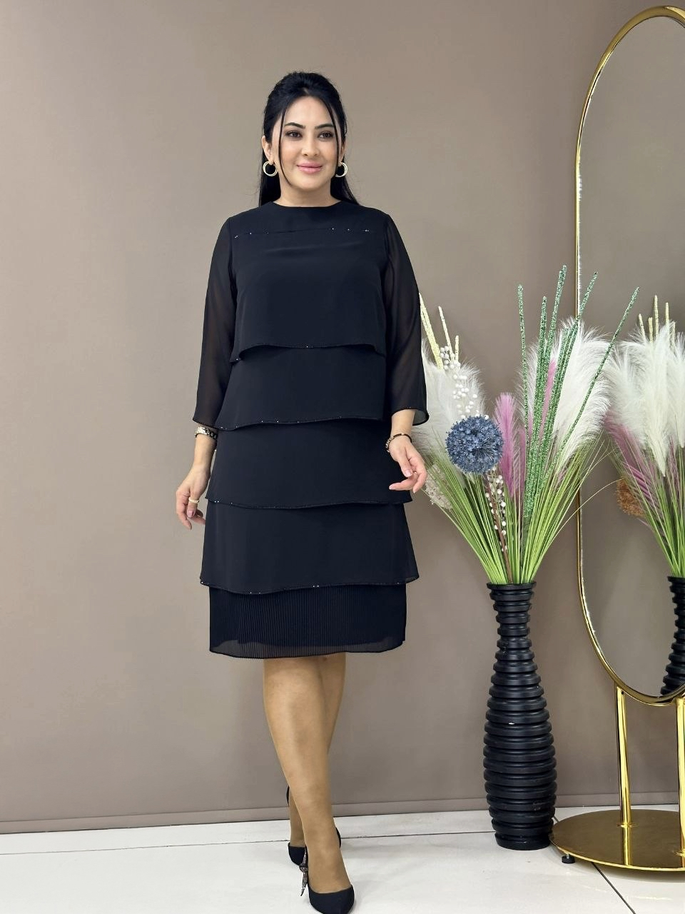 Plus Size Layered Ruffle Dress with Beaded Trim