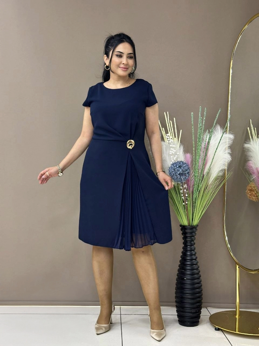 Plus Size Navy Midi Dress with Gold Buck
