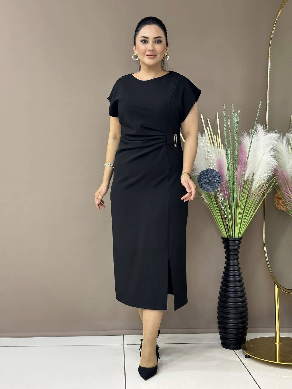 Bodycon Midi Dress with Draped Waist Detail