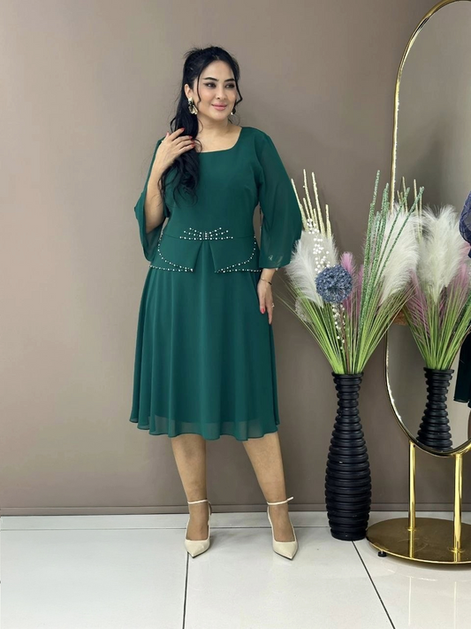 Plus Size Dress with Pearl Waist Detail & Bishop Sleeves
